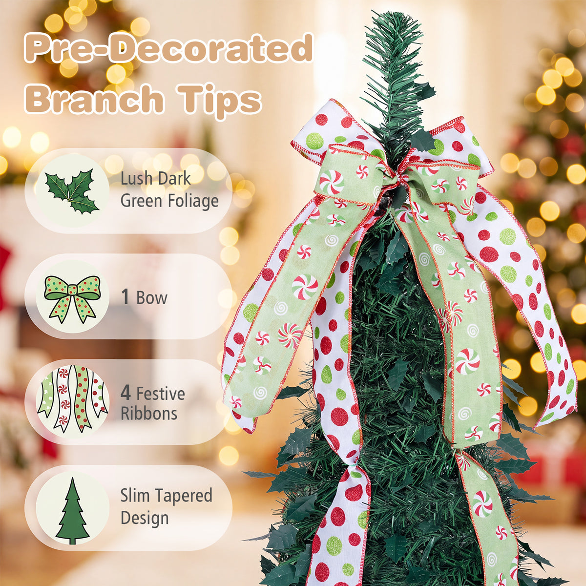 1.8M/2.1M Artificial Christmas Tree with Tree Topper Bow and 4 Ribbons
