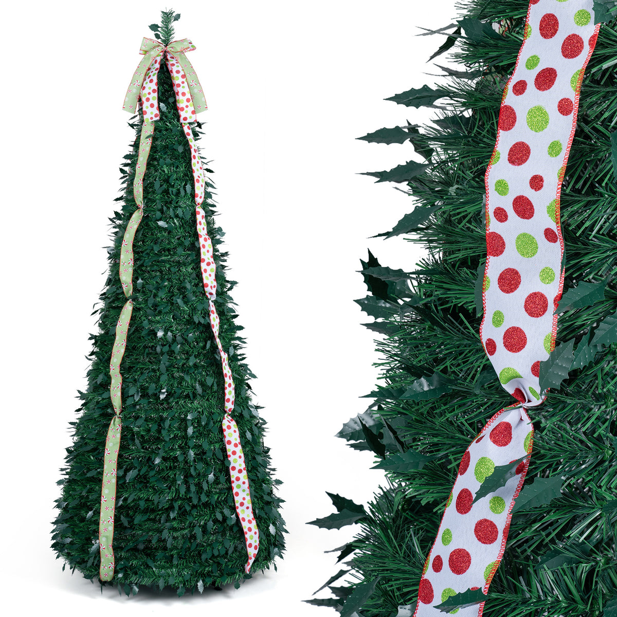 1.8M/2.1M Artificial Christmas Tree with Tree Topper Bow and 4 Ribbons