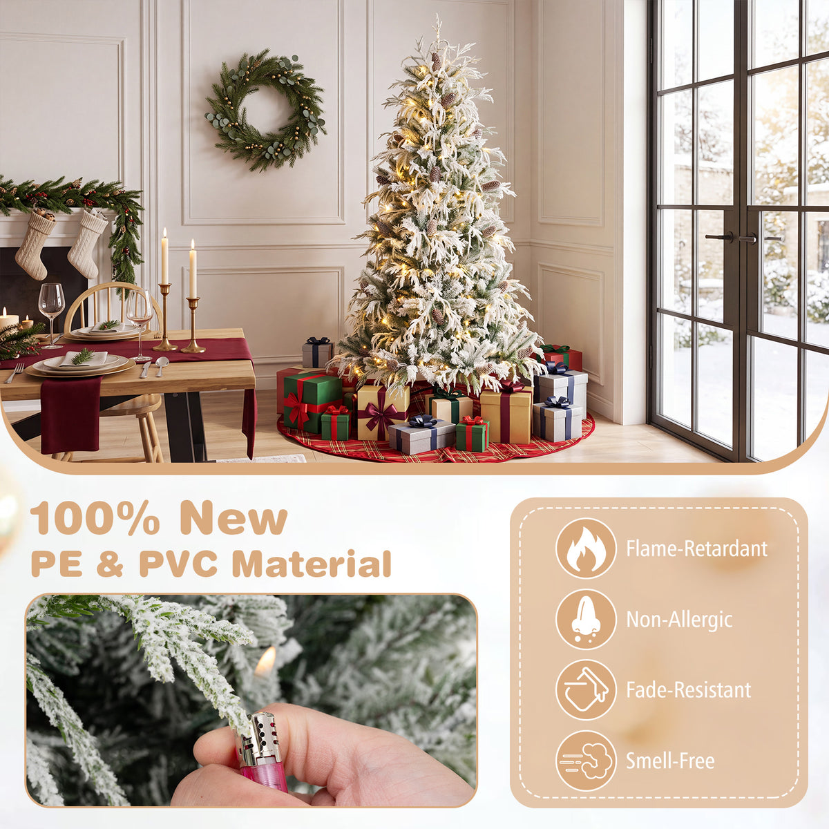 150/180cm Flocked Christmas Tree, Pre-Lit, Hinged