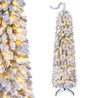 150/180/210cm Pre-Lit Artificial Christmas Tree with Bendable Top Hinges and Snow Flock