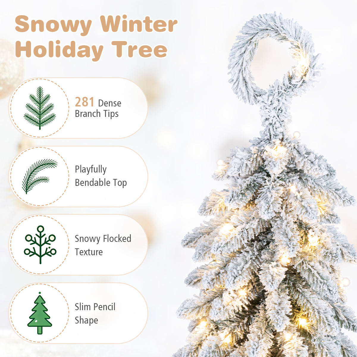 150/180/210cm Pre-Lit Artificial Christmas Tree with Bendable Top Hinges and Snow Flock