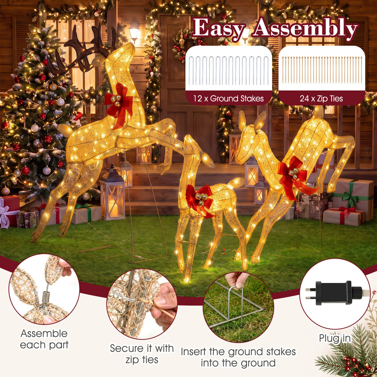 Lighted Reindeer Family Set of 3 Outdoor Pre-lit Christmas Decoration