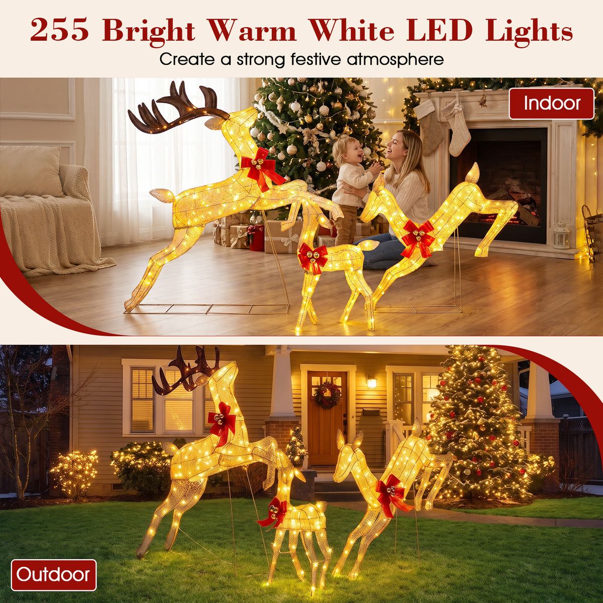 Lighted Reindeer Family Set of 3 Outdoor Pre-lit Christmas Decoration
