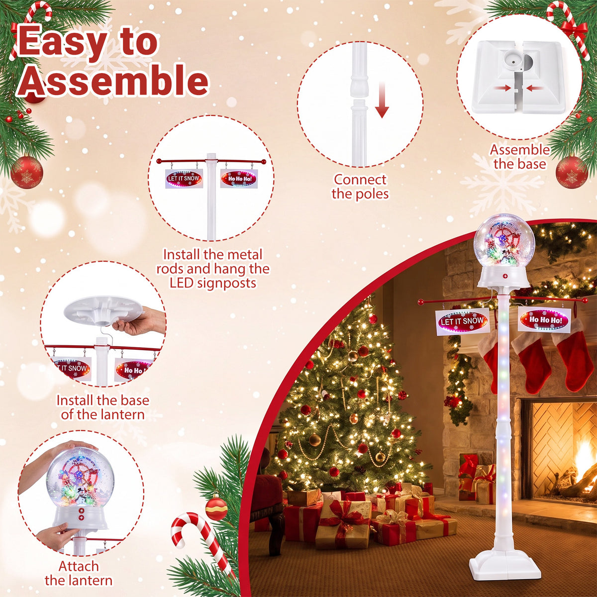 152 CM Indoor Christmas Street Lamp Post with Colorful Lights and Snow Effect