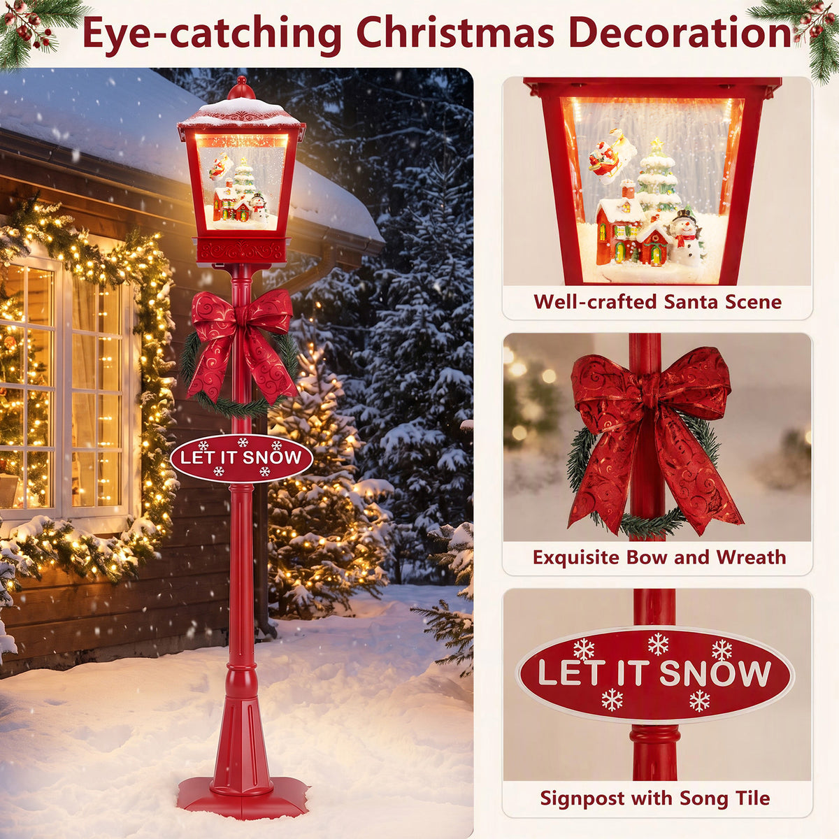 186 cm Musical Christmas Streetlight with LED Lights and Santa Scene