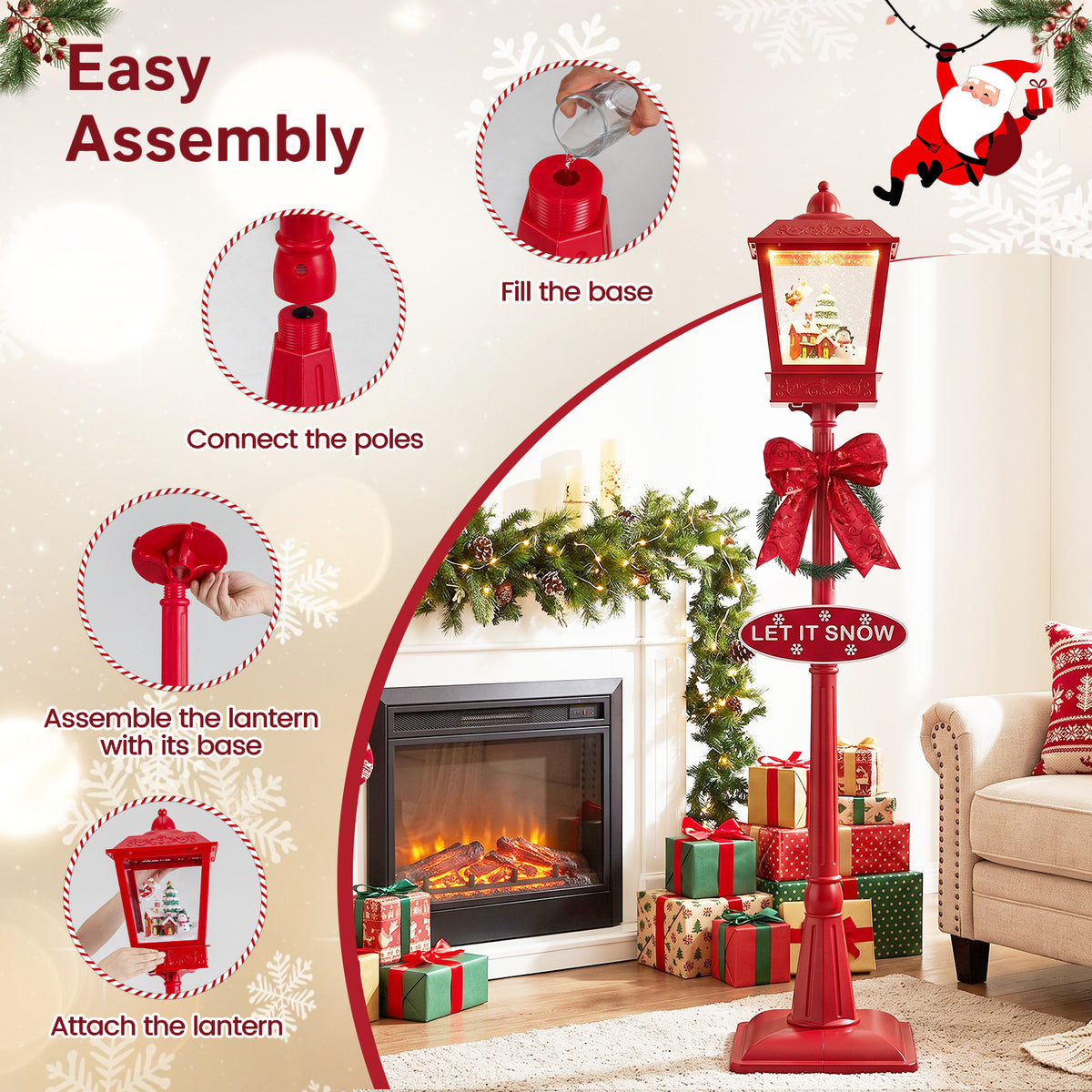 186 cm Musical Christmas Streetlight with LED Lights and Santa Scene
