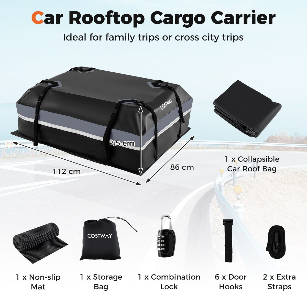 Car Rooftop Cargo Carrier with Anti-Slip Mat and 6 Door Hooks
