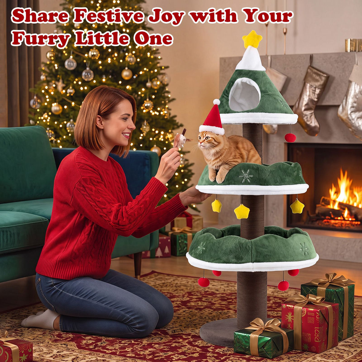 Cat Christmas Tree with Cozy Condo for Indoor Kittens