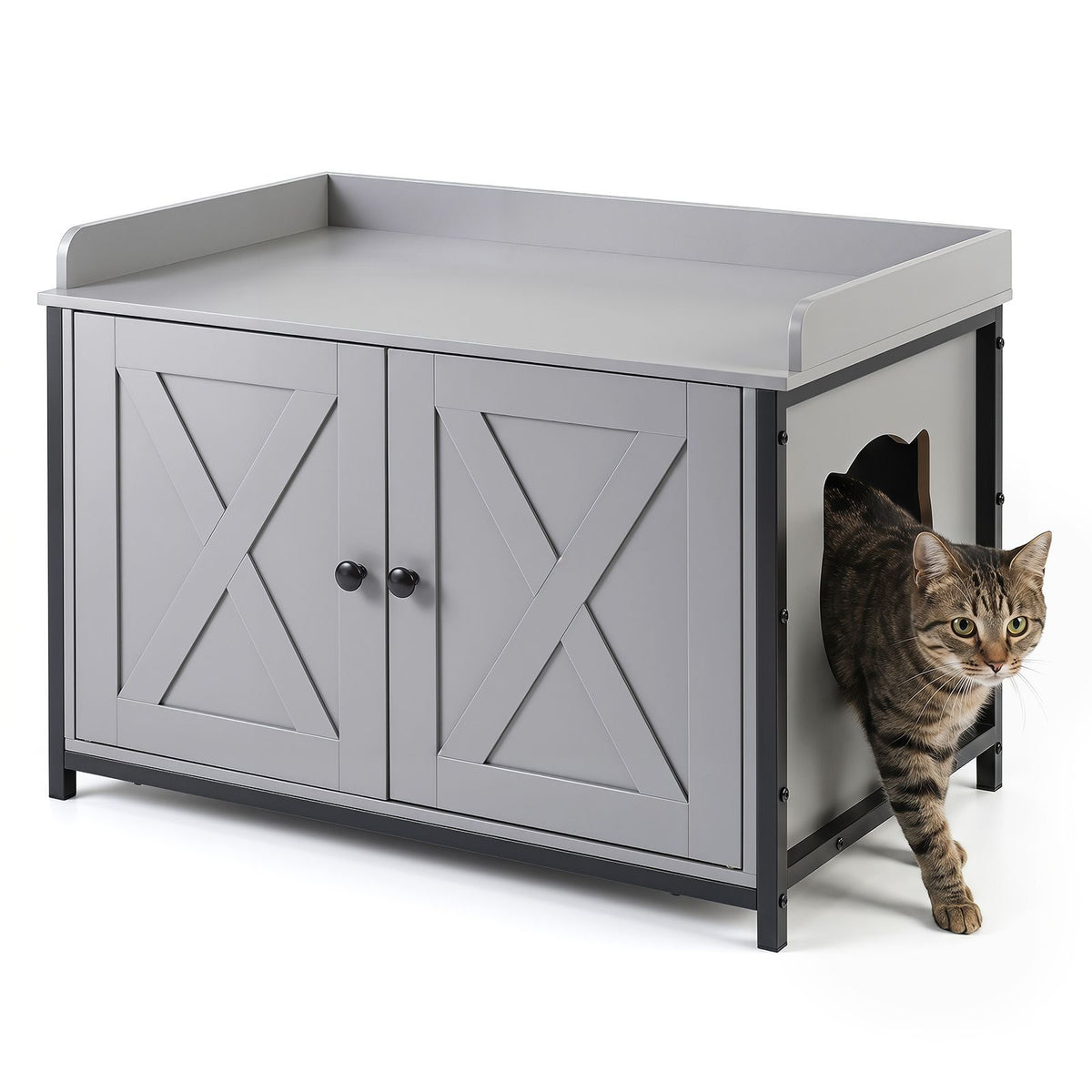 Cat Litter Box Enclosure Hidden Litter Box Furniture with 2 Barn Doors