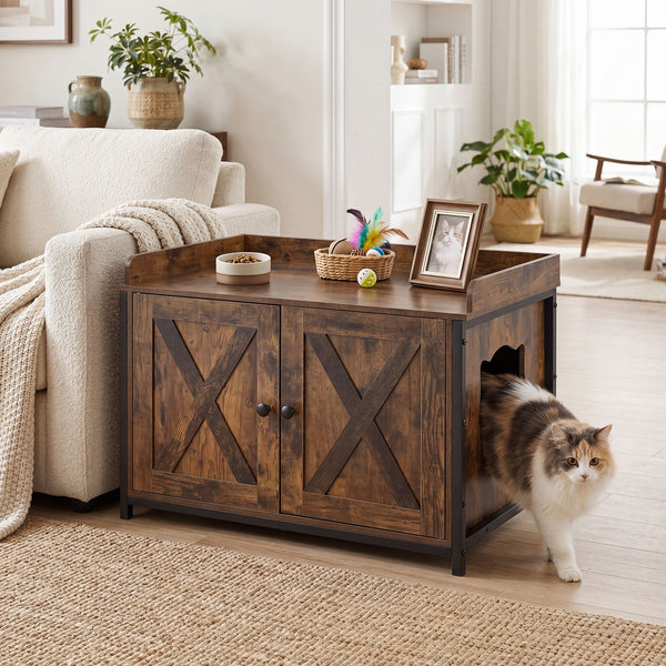 Cat Litter Box Enclosure Hidden Litter Box Furniture with 2 Barn Doors