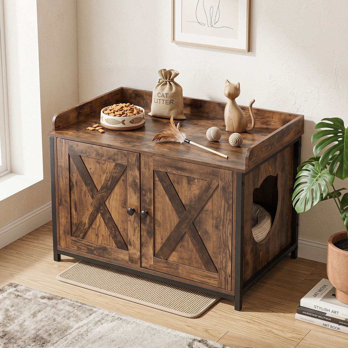 Cat Litter Box Enclosure Hidden Litter Box Furniture with 2 Barn Doors
