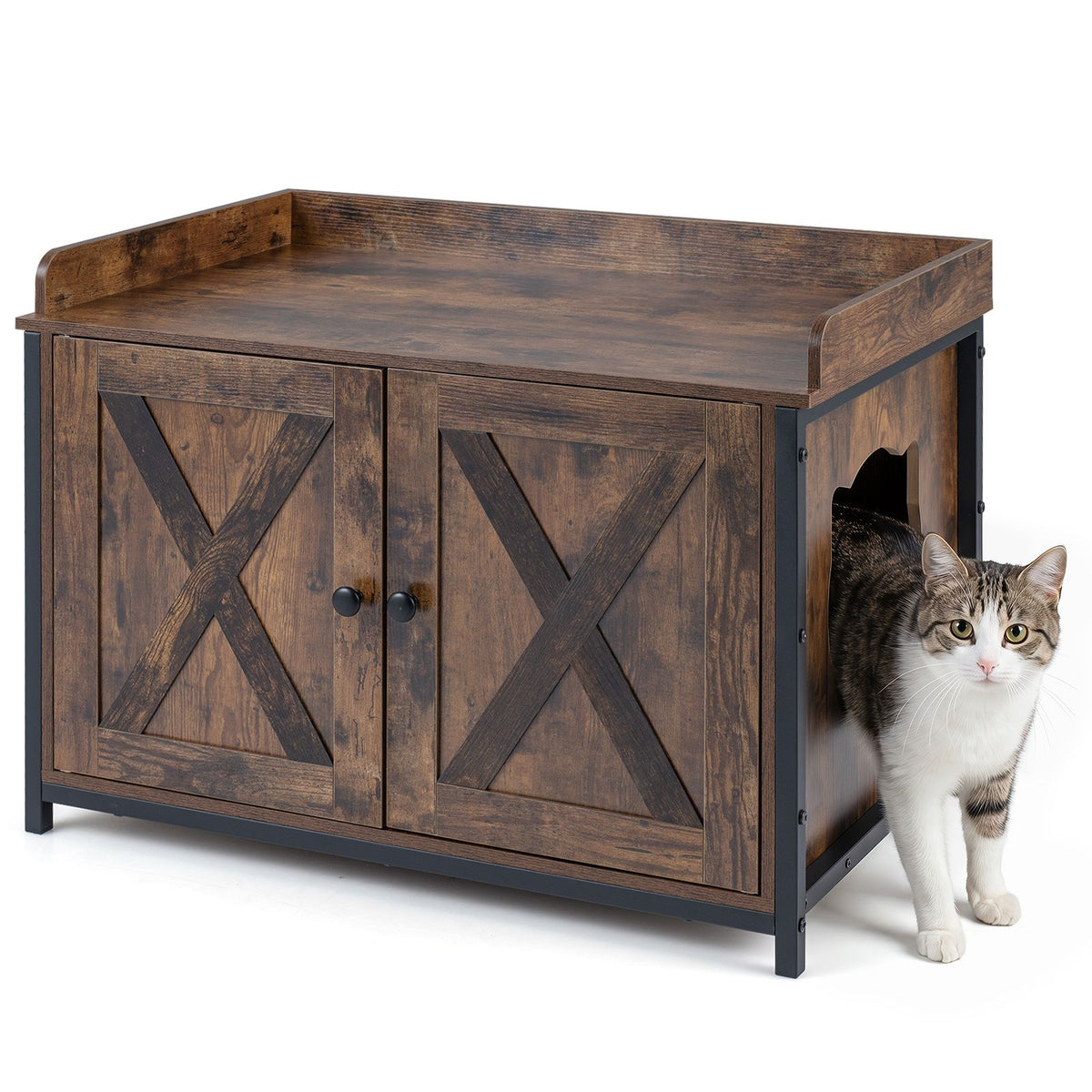 Cat Litter Box Enclosure Hidden Litter Box Furniture with 2 Barn Doors