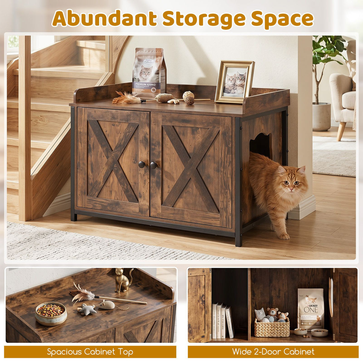 Cat Litter Box Enclosure Hidden Litter Box Furniture with 2 Barn Doors