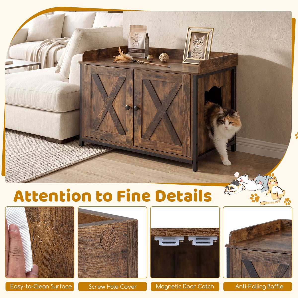 Cat Litter Box Enclosure Hidden Litter Box Furniture with 2 Barn Doors