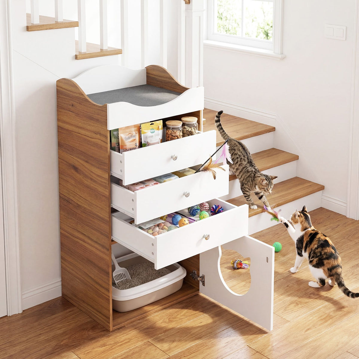 Cat Litter Box Enclosure with 3 Drawers and Removable Padded Cushion
