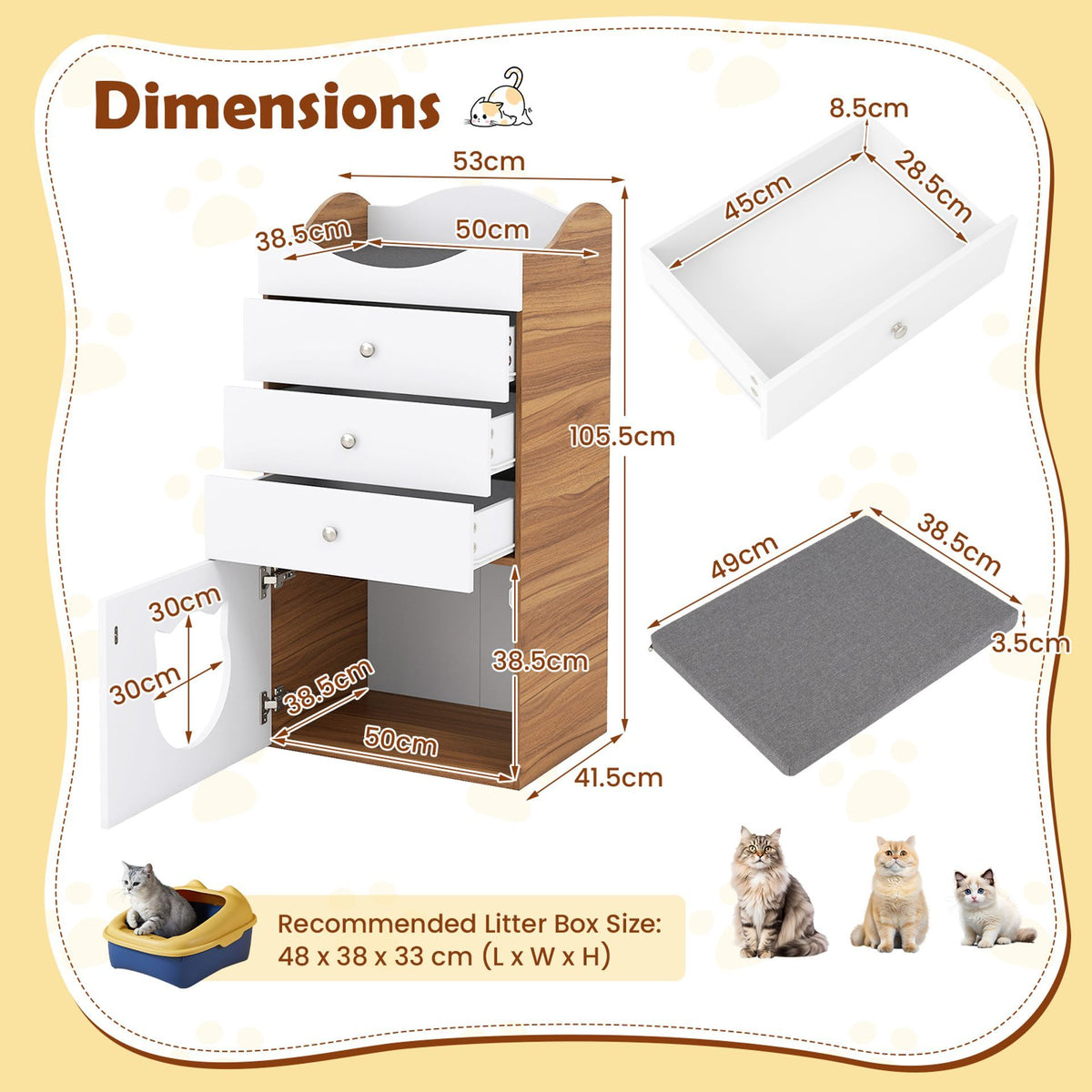 Cat Litter Box Enclosure with 3 Drawers and Removable Padded Cushion