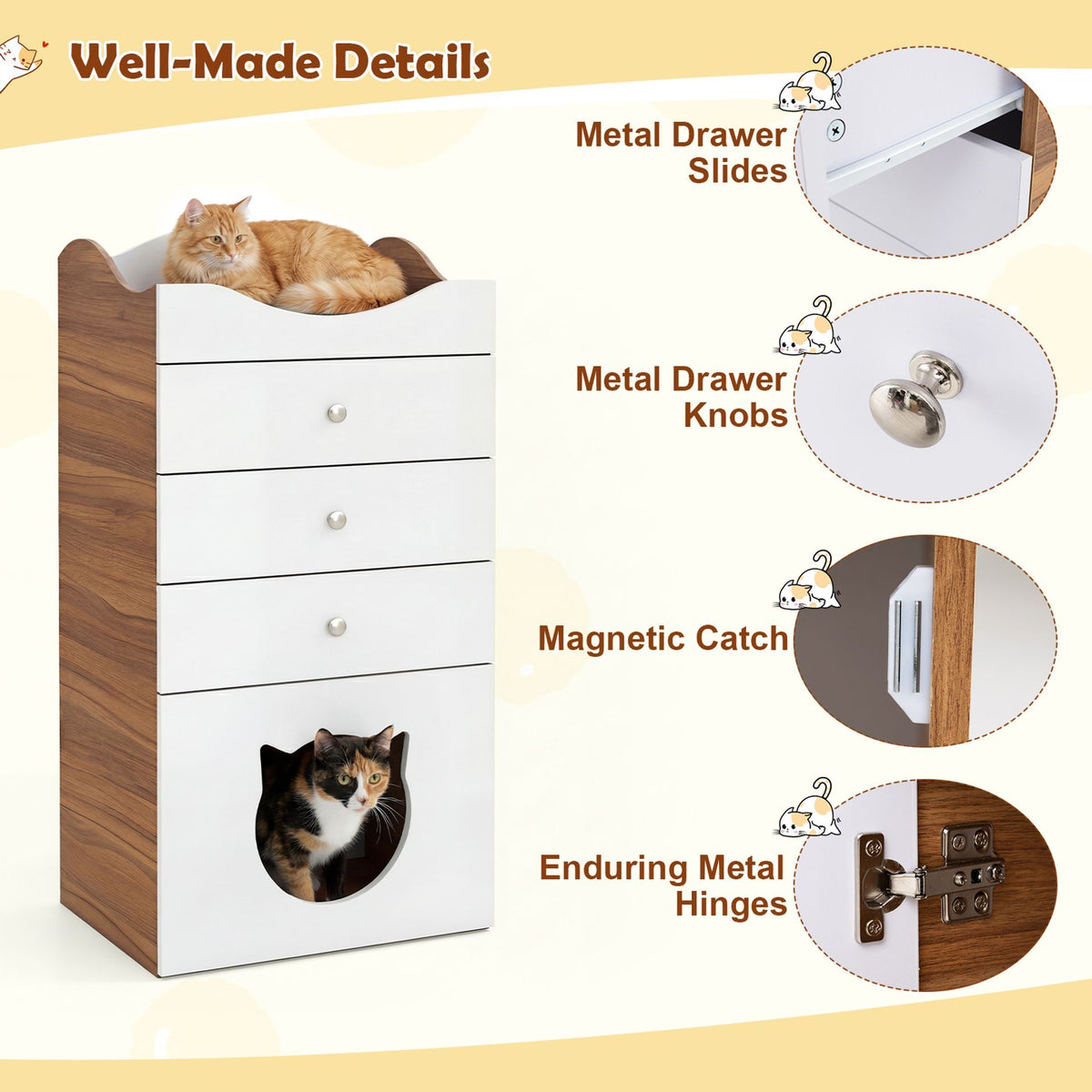 Cat Litter Box Enclosure with 3 Drawers and Removable Padded Cushion