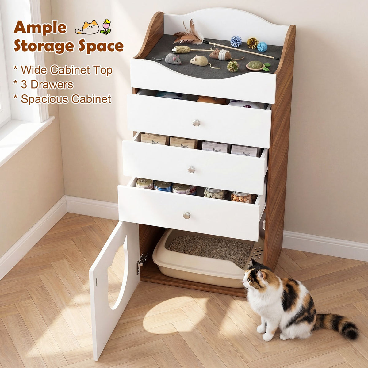 Cat Litter Box Enclosure with 3 Drawers and Removable Padded Cushion