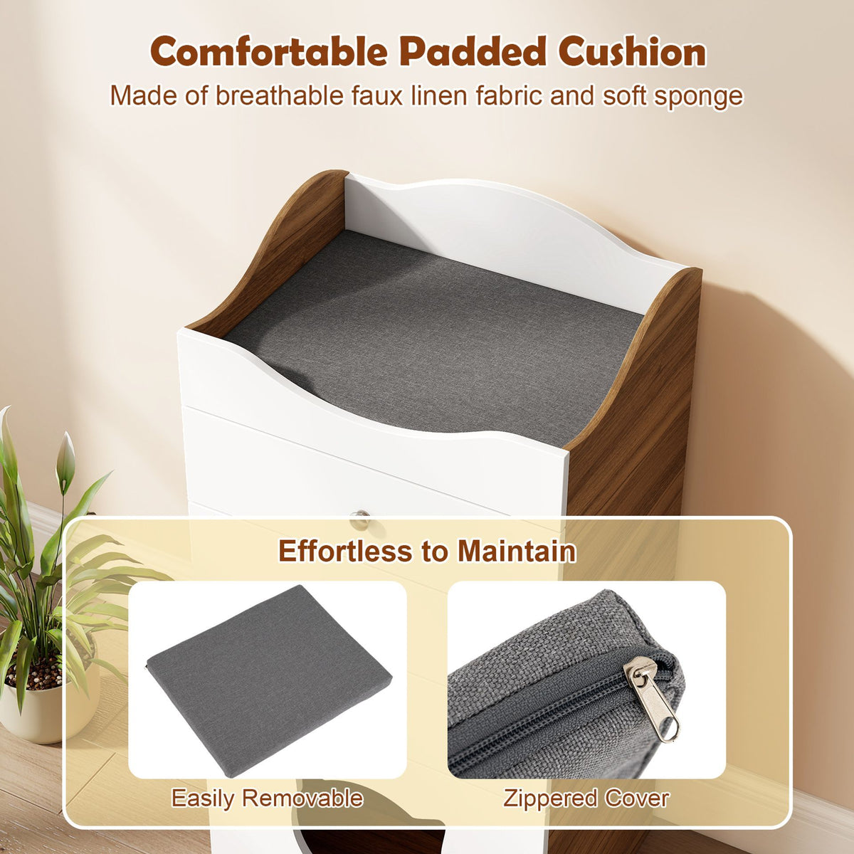 Cat Litter Box Enclosure with 3 Drawers and Removable Padded Cushion