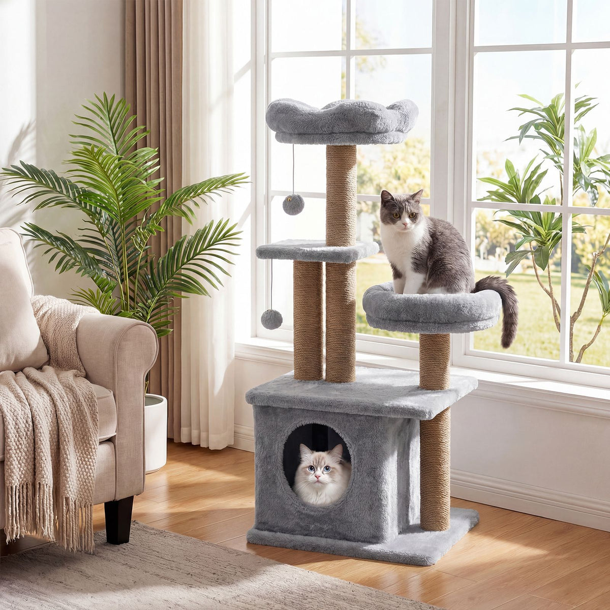 Cat Tower with Padded Top Perch and Cozy Condo for Kittens