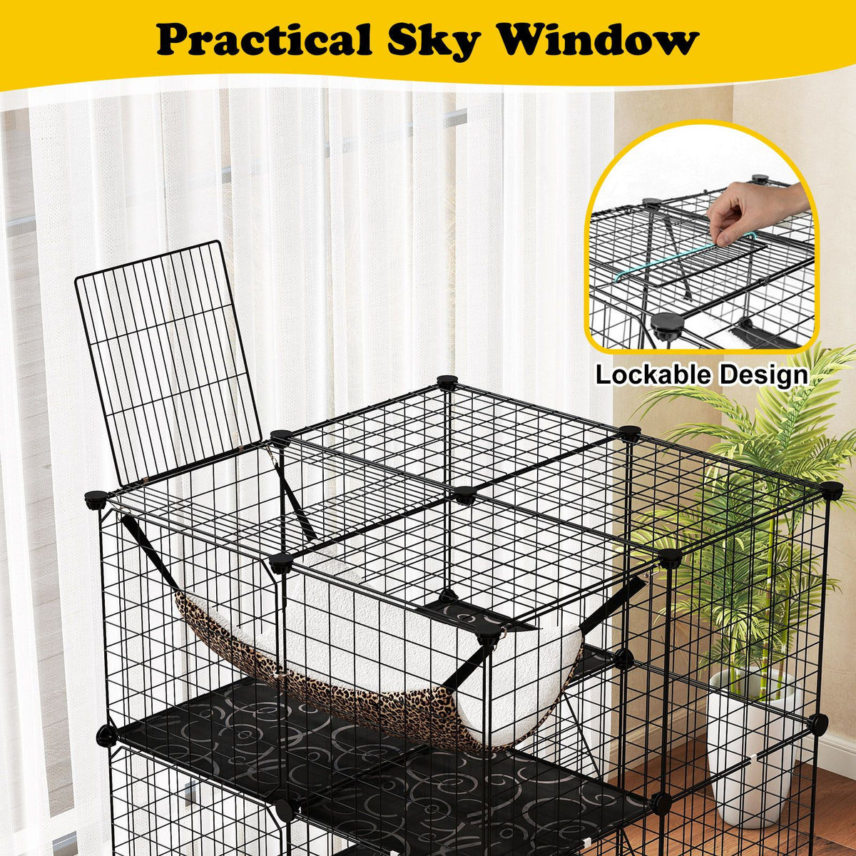 107/142 CM Large Cat Enclosure with Hammock and 1 Sky Window for Easy Access
