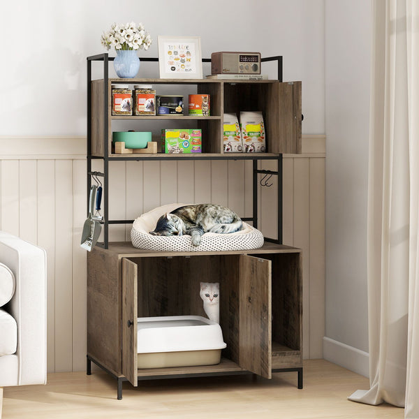 Cat Litter Box Enclosure with Storage Shelves Hooks Large Hidden Cat Washroom