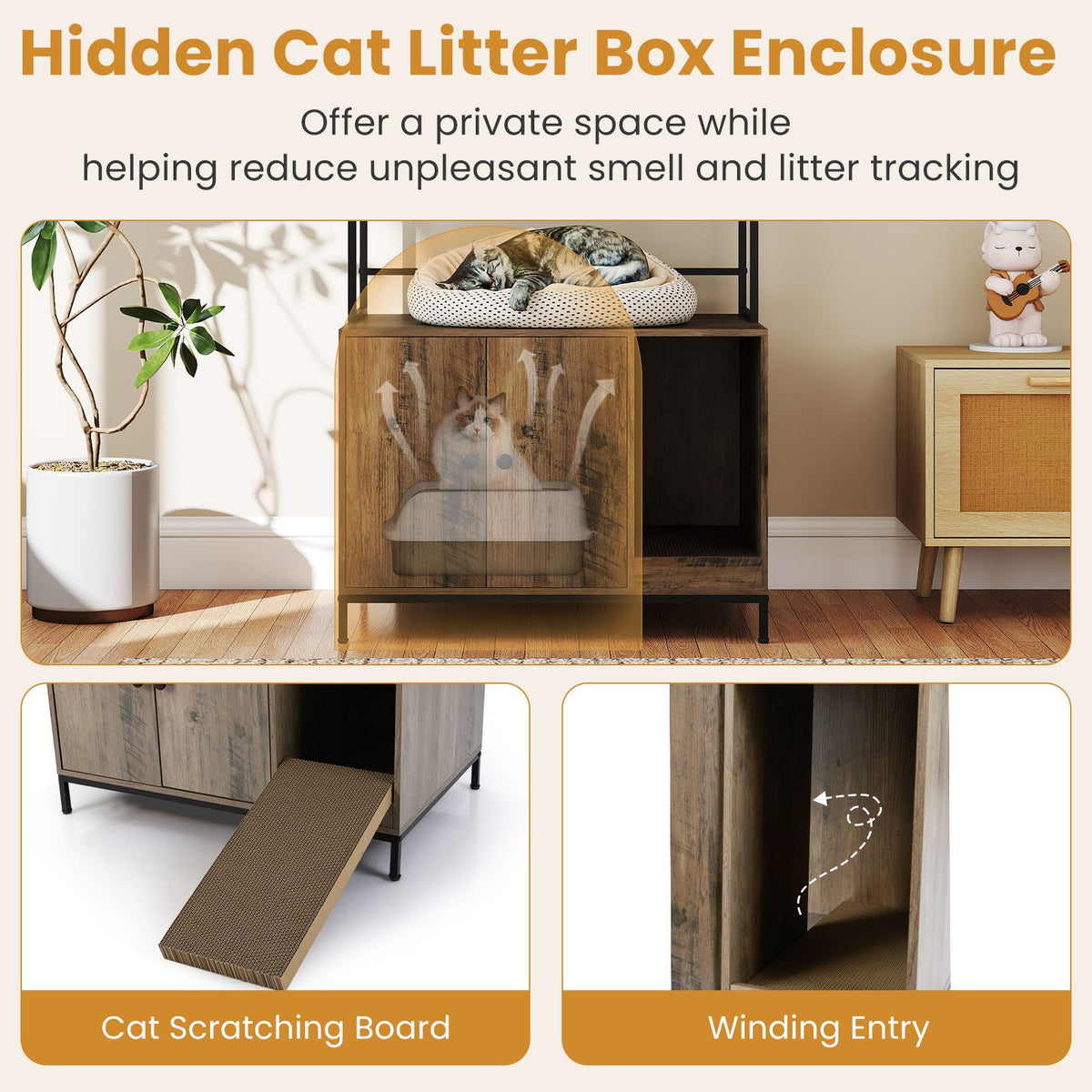 Cat Litter Box Enclosure with Storage Shelves Hooks Large Hidden Cat Washroom