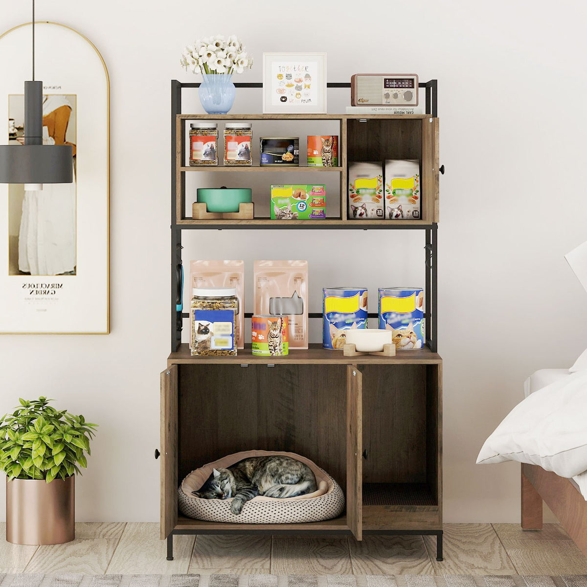 Cat Litter Box Enclosure with Storage Shelves Hooks Large Hidden Cat Washroom