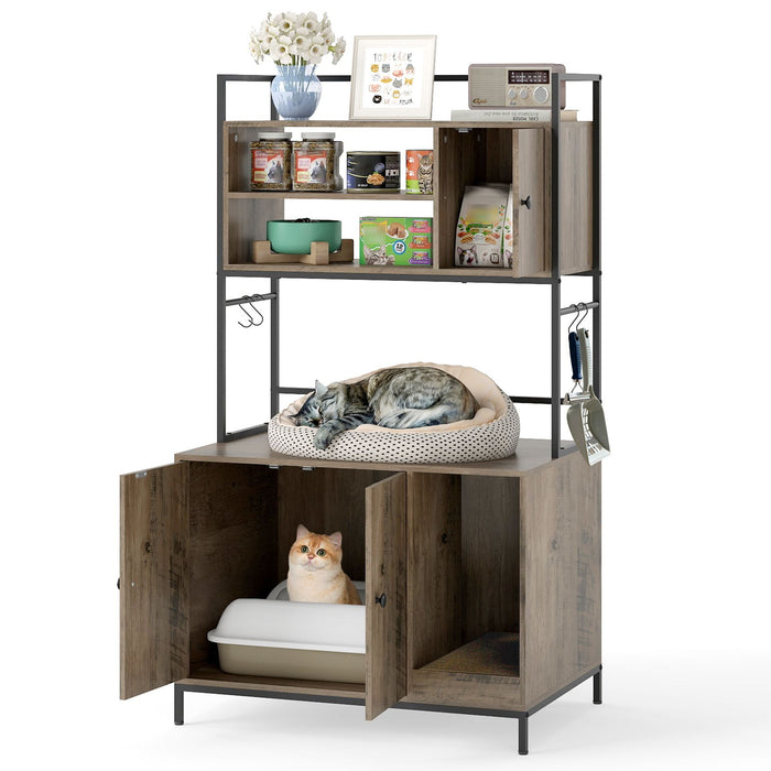 Cat Litter Box Enclosure with Storage Shelves Hooks Large Hidden Cat Washroom