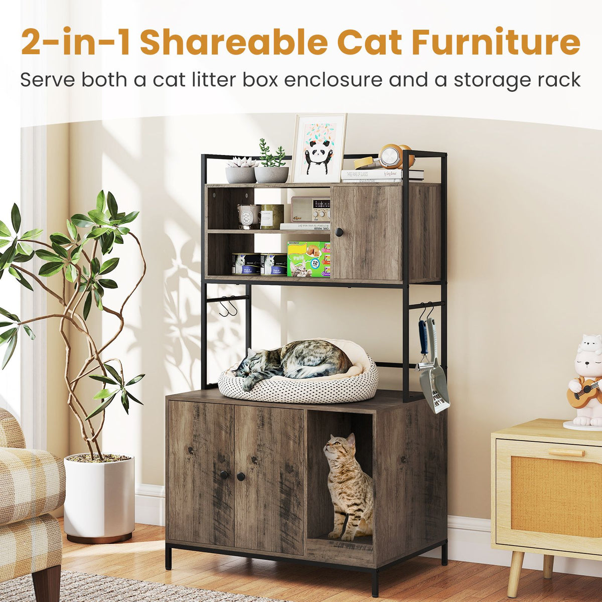 Cat Litter Box Enclosure with Storage Shelves Hooks Large Hidden Cat Washroom