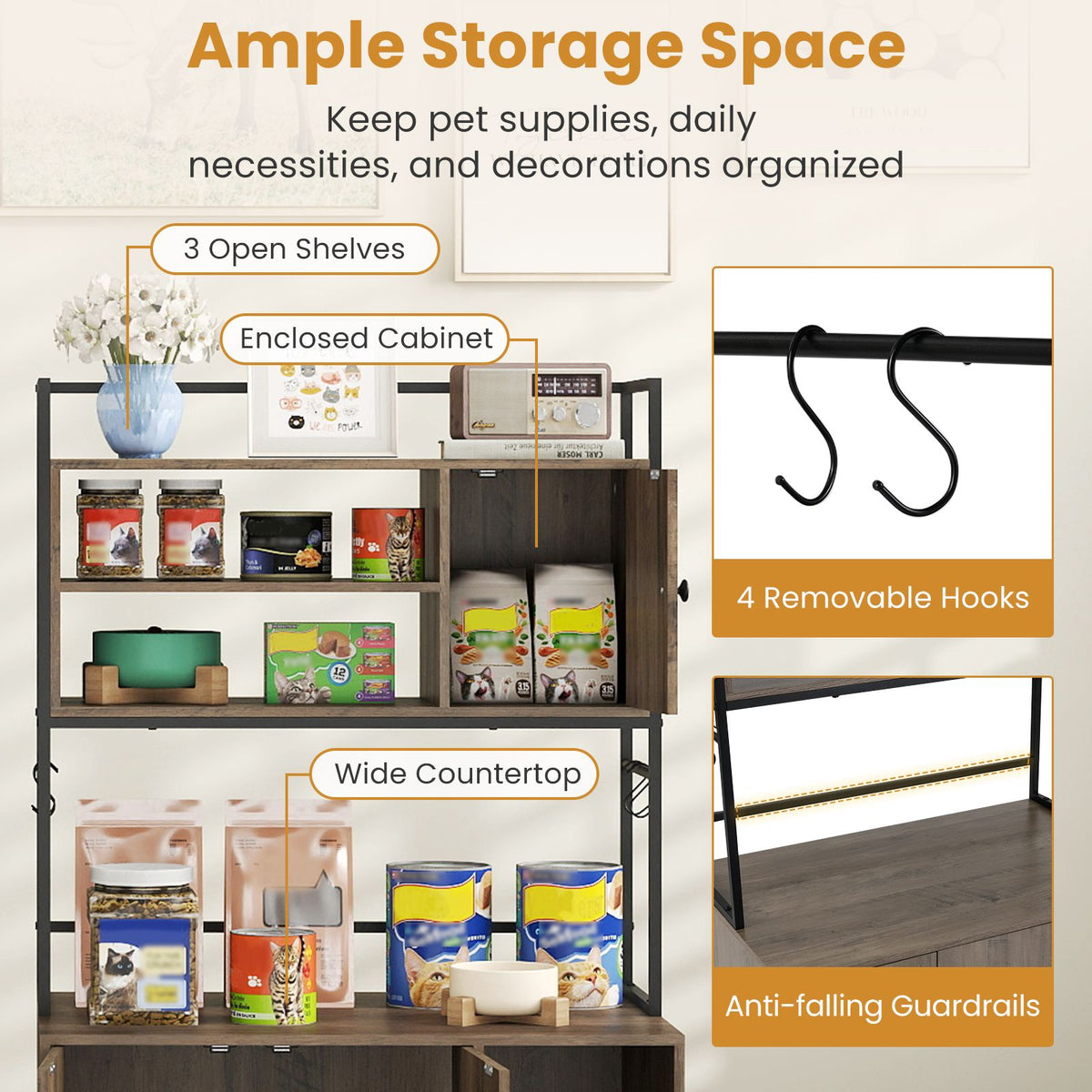 Cat Litter Box Enclosure with Storage Shelves Hooks Large Hidden Cat Washroom