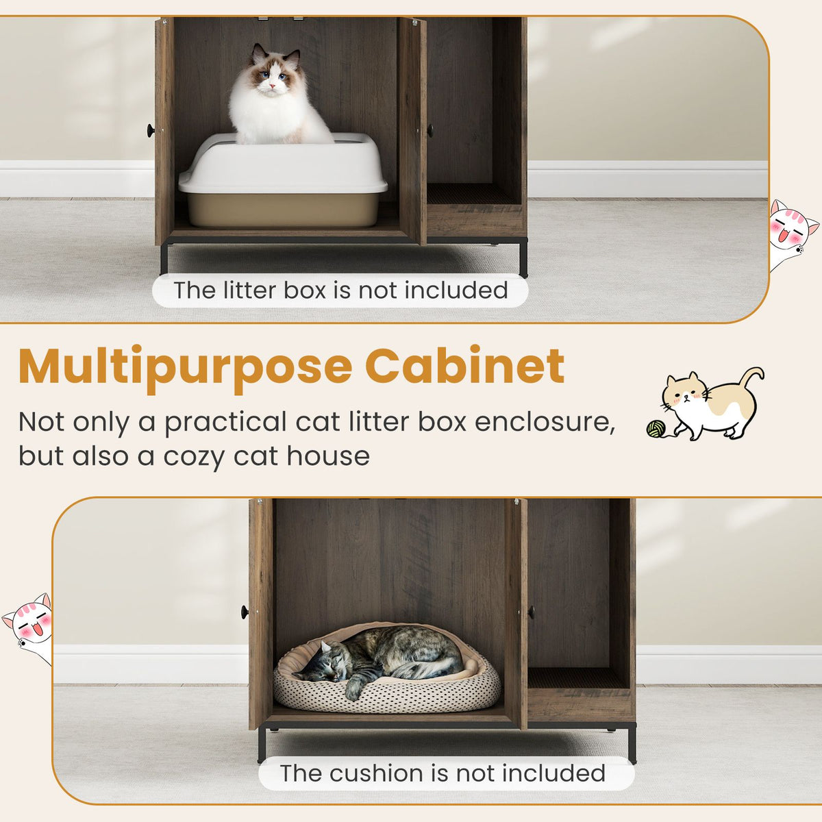 Cat Litter Box Enclosure with Storage Shelves Hooks Large Hidden Cat Washroom