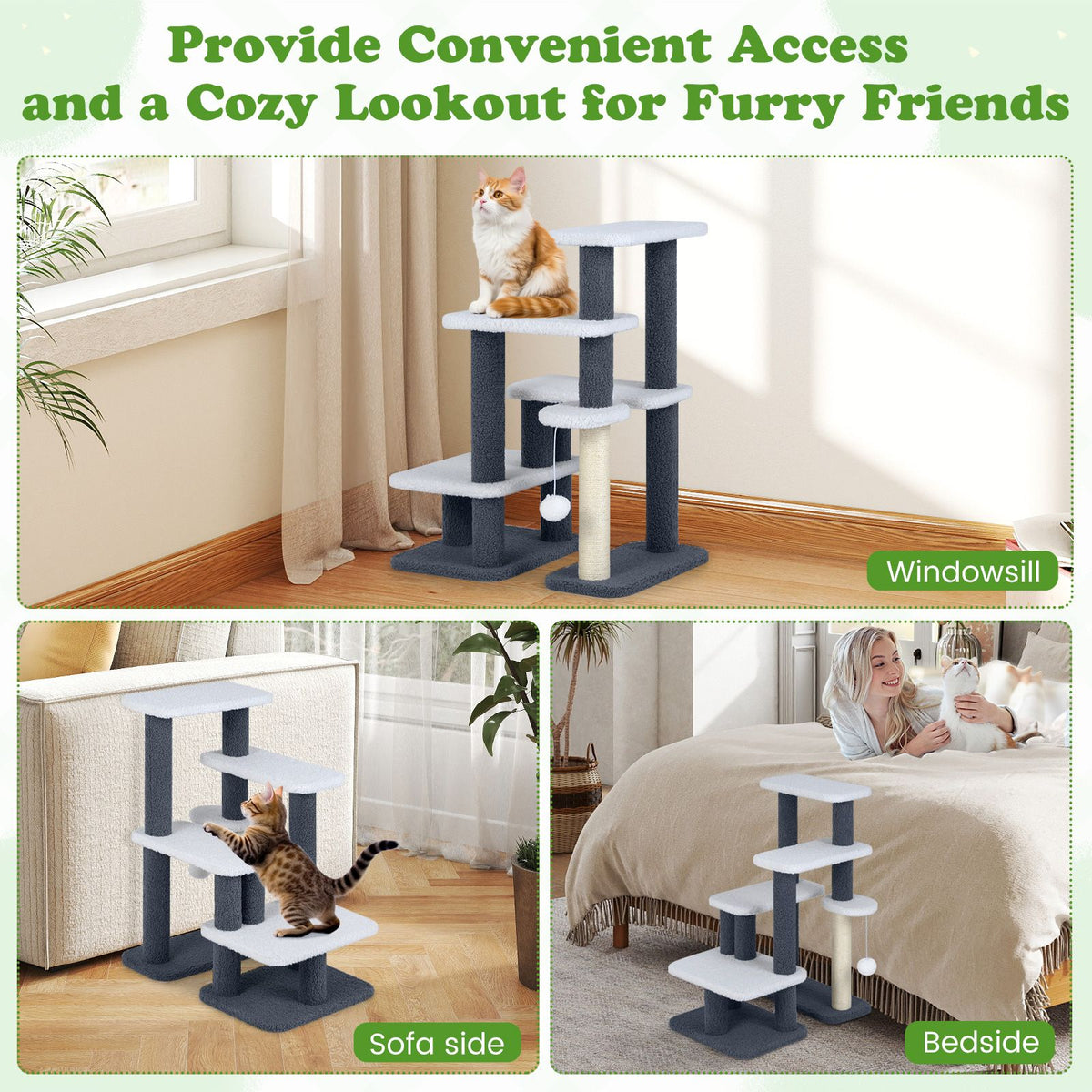 Cat Stairs with Sisal Scratching Post and 3 Large Platforms for High Bed