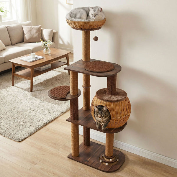 Cat Tree Multi-Level Cat Tower with Rattan Woven Cat Condo and Top Perch
