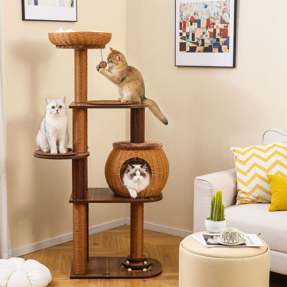 Cat Tree Multi-Level Cat Tower with Rattan Woven Cat Condo and Top Perch