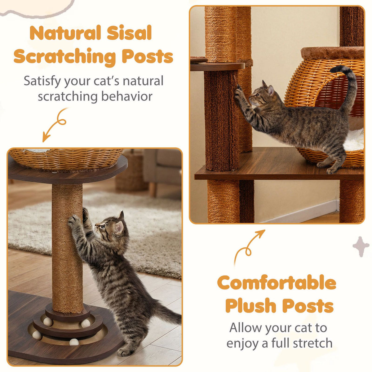 Cat Tree Multi-Level Cat Tower with Rattan Woven Cat Condo and Top Perch