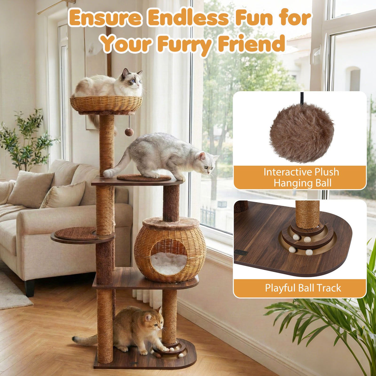 Cat Tree Multi-Level Cat Tower with Rattan Woven Cat Condo and Top Perch