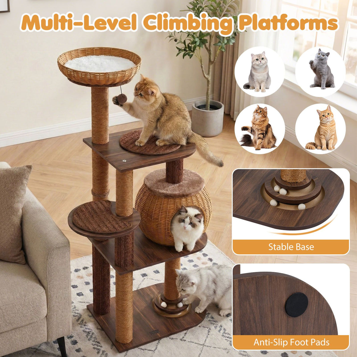 Cat Tree Multi-Level Cat Tower with Rattan Woven Cat Condo and Top Perch