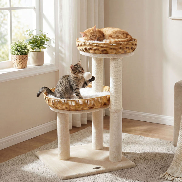 Cat Tree with Sisal Scratching Post and 2 Rattan Cat Baskets with Plush Cushions