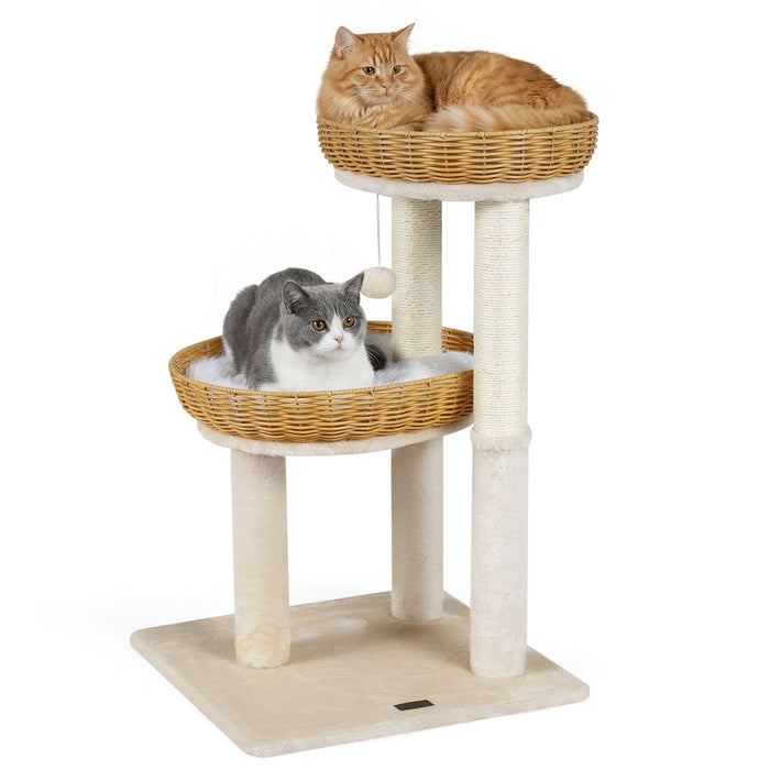 Cat Tree with Sisal Scratching Post and 2 Rattan Cat Baskets with Plush Cushions