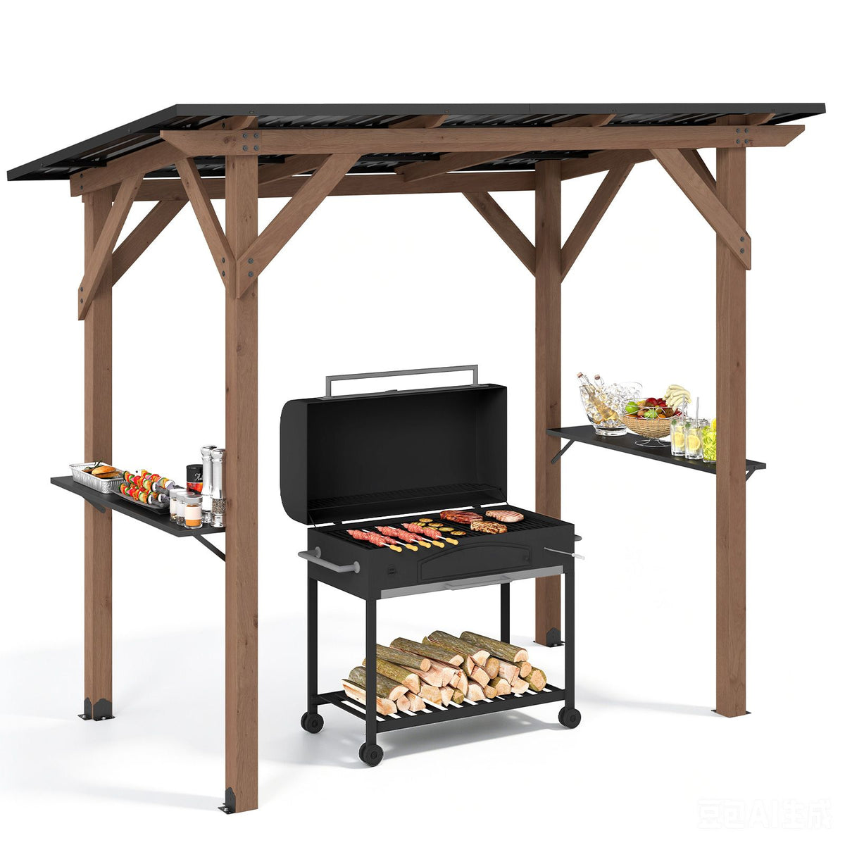 BBQ Gazebo with 2 Side Serving Shelves and Metal Roof for Backyard Garden