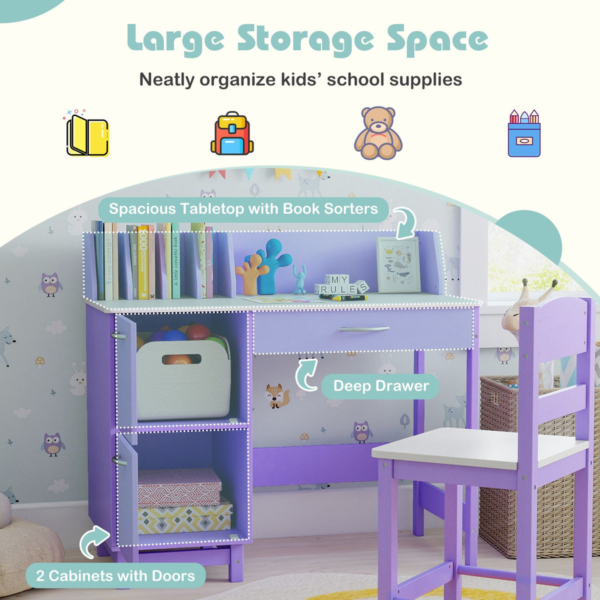 Children Table with Wide Desktop and Comfy Chair for 3+ Years