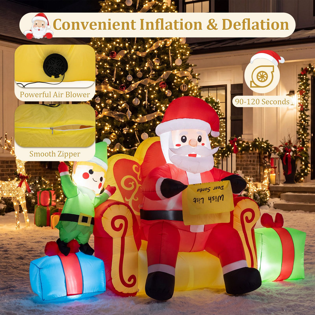 Christmas Inflatable Santa Claus on Sofa with Elf and Gift Boxes