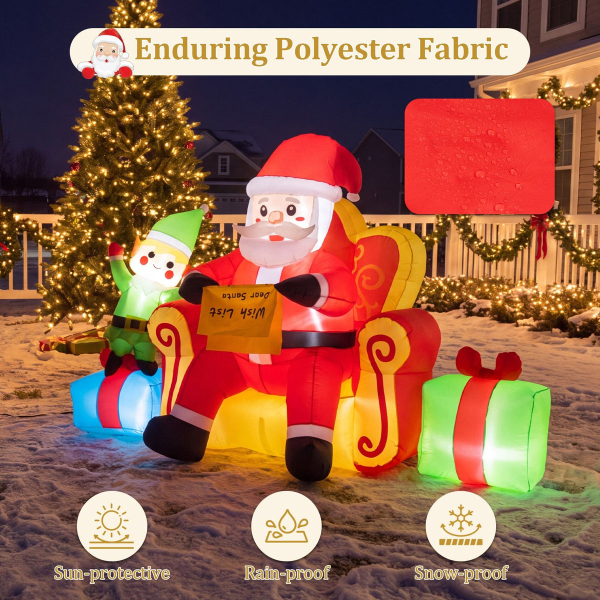 Christmas Inflatable Santa Claus on Sofa with Elf and Gift Boxes