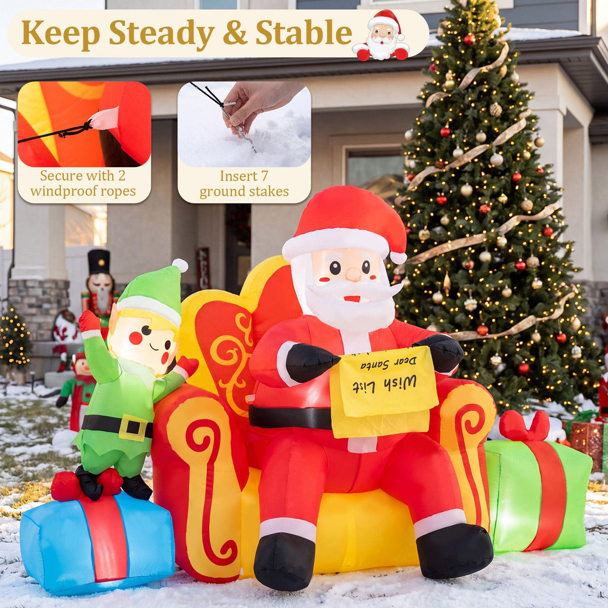 Christmas Inflatable Santa Claus on Sofa with Elf and Gift Boxes