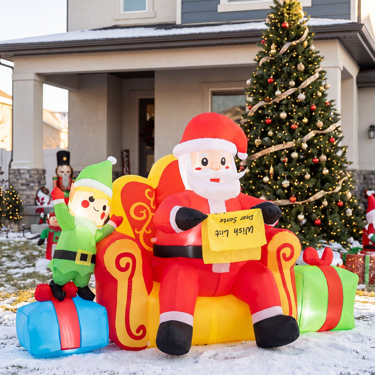 Christmas Inflatable Santa Claus on Sofa with Elf and Gift Boxes