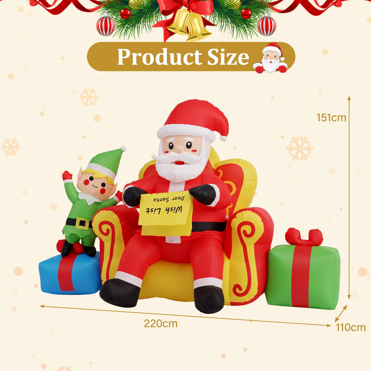 Christmas Inflatable Santa Claus on Sofa with Elf and Gift Boxes