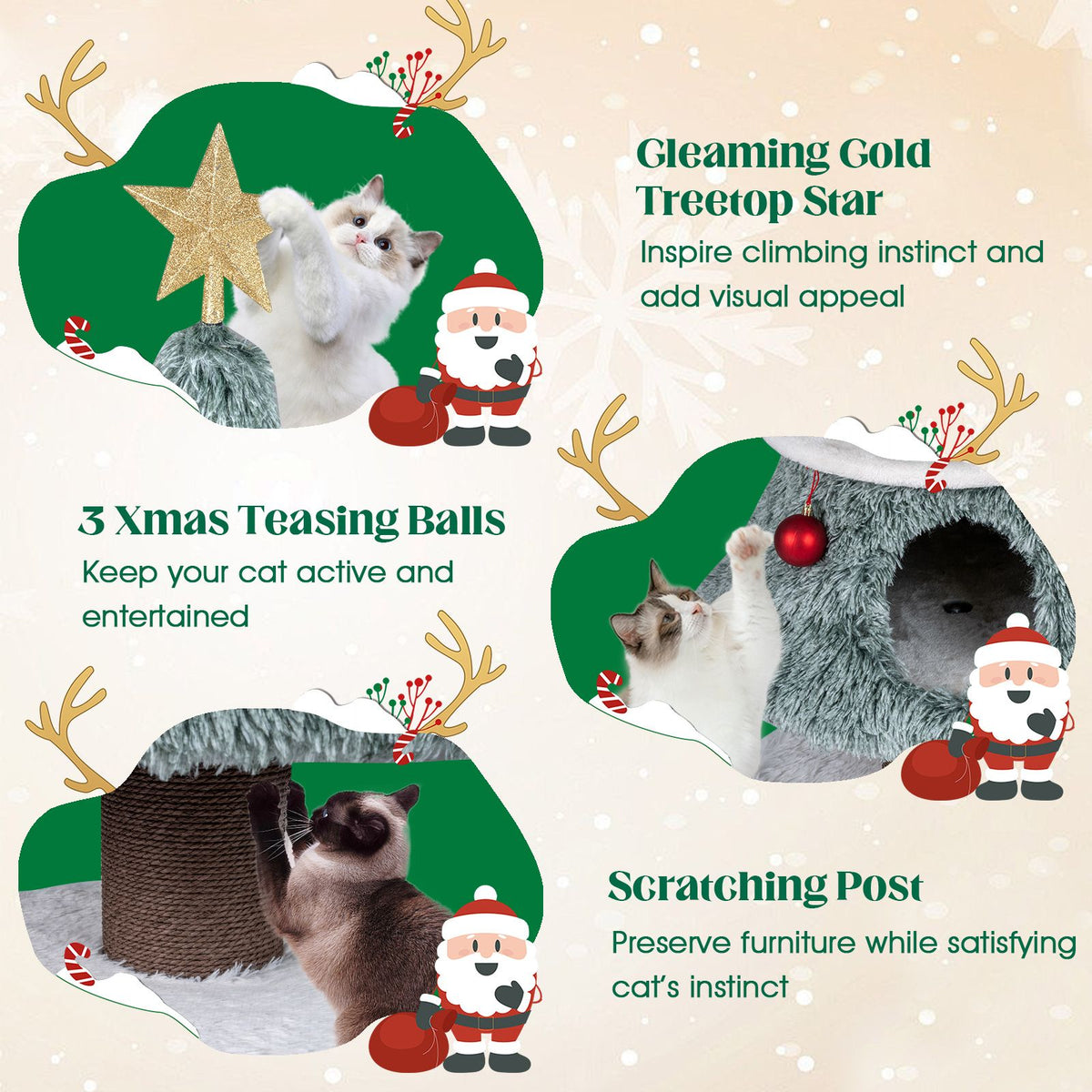 Christmas Cat Tree for Indoor Cats 123 cm Cute Cat Tower with 2 Large Condos