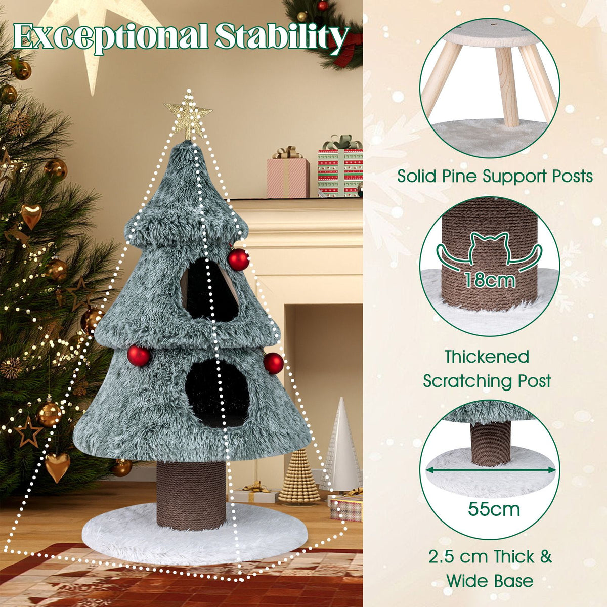 Christmas Cat Tree for Indoor Cats 123 cm Cute Cat Tower with 2 Large Condos