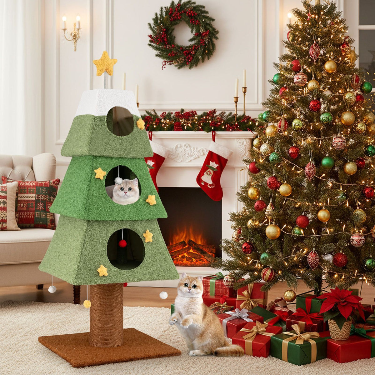 Christmas Cat Tree with 3 Condos and Sisal Scratching Post